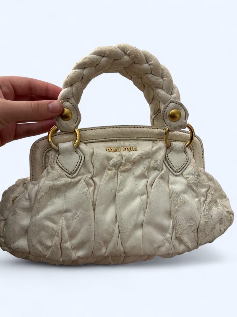 Miu Miu White Braided-Handle Gathered Leather Bag